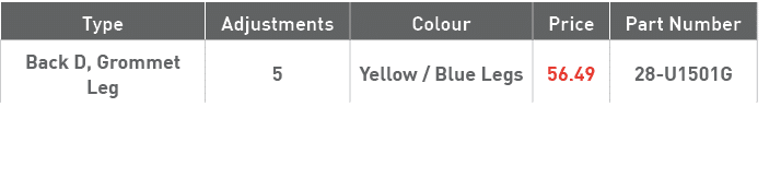 Type,Adjustments,Colour,Price,Part Number,Back D, Grommet Leg,5,Yellow   Blue Legs,56 49,28-U1501G