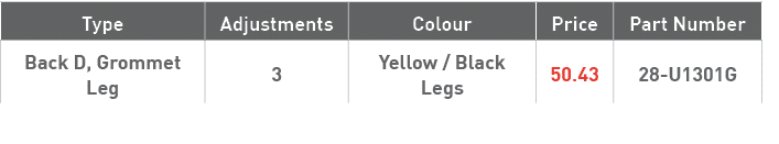 Type,Adjustments,Colour,Price,Part Number,Back D, Grommet Leg,3,Yellow   Black Legs,50 43,28-U1301G